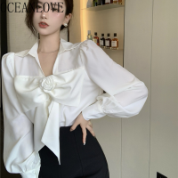 OCEANLOVE Blusas Mujer Solid Bow V Neck Puff Sleeve y Slim Blouses Women Tops Vintage Autumn 2022 Retro Shirts Elegant