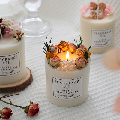 【CW】Beautiful Scentd Candles with Dried Flowers Nice Home Decor Romantic Wedding Candles Scented Household Emergency Candles Pillar