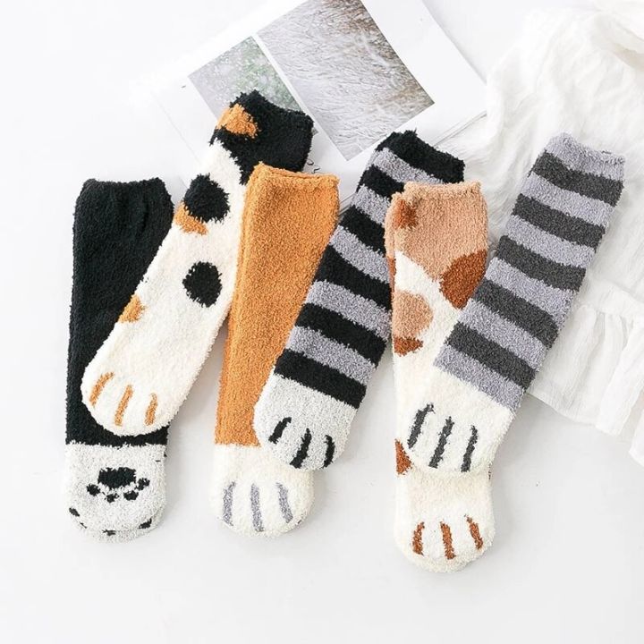 winter-women-cats-paw-stripe-3d-socks-funny-thick-girls-animal-sleep-sock-hosiery-toe-zebra-tiger-floor-socks