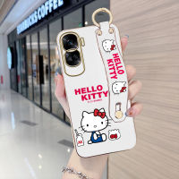 Volans เคสสำหรับ Honor 90 5G 90 Lite 5G พร้อมสายรัดข้อมือนุ่มขอบสี่เหลี่ยมการ์ตูนน่ารัก Kity เคสรูปแมวชุบเคสโทรศัพท์หรูหราชุบเคสโทรศัพท์นิ่ม