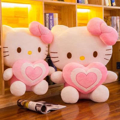 Sanrio Hello Kitty ตุ๊กตากำมะหยี่ยัดไส้รูปหัวใจแมวน่ารัก30ซม. ตุ๊กตาผ้าของเล่นสัตว์สุดน่ารักสีชมพูของขวัญหมอนเเมวเหมียวสำหรับเด็ก