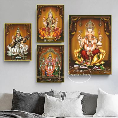 Xiaotrangwu 1ชิ้นศาสนาอินเดีย Ganesh Saraswati Tradition God โปสเตอร์ภาพวาดผ้าใบพิมพ์-ภาพผนังสำหรับห้องนั่งเล่น Puja Room Home Decor - Perfect Wall Art สำหรับ Spiritual Home Decor