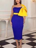 ZZOOI AOMEI Women Party Midi Dresses Off Shoulder Evening Blue Yellow Contrast Color Sexy Bodycon Cocktail Birthday Gowns Homecoming