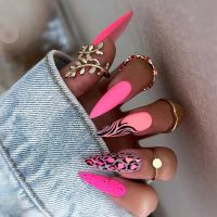 24Pcs Almond False Nails Pointed Head Wearable Fake Nails Pink Leopard Print Design Stiletto Press on Nails Full Cover Nail Tips