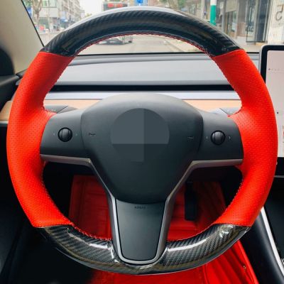 [HOT CPPPPZLQHEN 561] ปลอกหุ้มพวงมาลัยรถยนต์แบบนุ่มเย็บมือหนังแท้สีดำกันลื่นสำหรับ Tesla รุ่น3 2017 2020