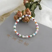 Natural Freshwater Baroque Pearl Handmade Candy Color Elastic Charm Bracelet for Women