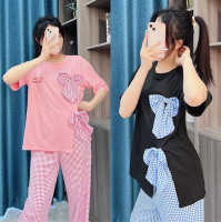 เสื้อยืดติดโบสุด cute เสื้อยืดแขนสั้น+ที่มาพร้อมกางเกงขายาวลายสก๊อตประดับลูกไม้ตรงปลายขา