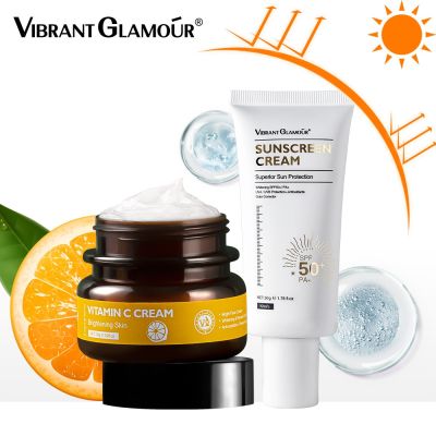 [VIBRANT GLAMOUR] ELECOOL Official Store 2 PCS Vitamin C Cream + Jellywhitening Freckles Brighten Cream Long-Lasting Waterproof Sweatproof UV Protection Sunscreen Lotion Set