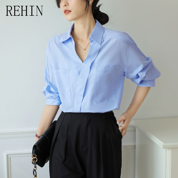 rehin-เสื้อเชิ้ตแขนสั้นสีขาวสำหรับผู้หญิง-เสื้อเชิ้ตแขนสั้นคอวีระดับไฮเอนด์