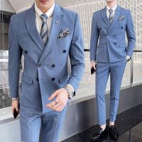 ∏♘◕ Double-Breasted Suit Mens Summer Thin Fancy Light Blue Suit Mens Slim-Fit Groom Wedding Suit