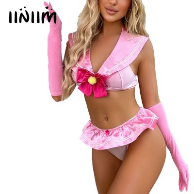 Womens Schoolgirl Anime Cosplay Costume Lingerie Sailor Sexy Outfit Clubwear Collar Bowknot Bra Top With Mini Skirt Thong Gloves
