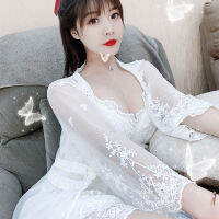 （HOT）2022 Korean Sleepwear Women Sexy White Robe Fairy Dress Set Woman 2 Pieces Nightie Princess Lace Nightgown Peignoirs Albornoces