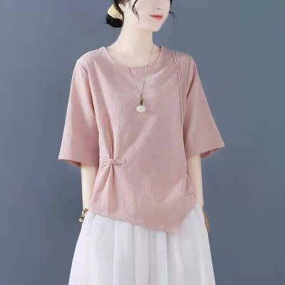 [COD] 2022 literary and artistic summer new large size button casual short-sleeved womens irregular hem loose slimming top