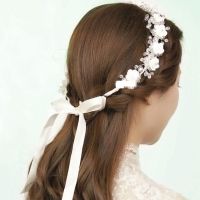 White Ceramic Flower Headband with Ribbon Wreath Wedding Party Ladies Girls Garlands Floral Crown Hairband TEN