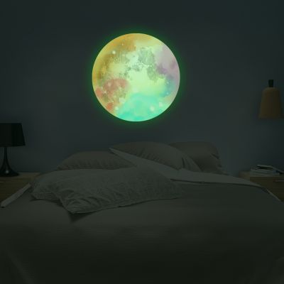 [24 Home Accessories] 30ซม. Luminous Moon พิมพ์3D สติ๊กเกอร์ติดผนังสำหรับห้องเด็กห้องนั่งเล่นห้องนอนตกแต่งบ้าน Decals Glow In The Dark สติ๊กเกอร์ติดผนัง