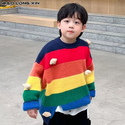 BAOLONGXIN เสื้อสเวตเตอร์ถักสีรุ้ง MODE Korea เสื้อกันหนาวเด็กผู้ชายเสื้อฤดูใบไม้ร่วงและฤดูหนาวเด็ก