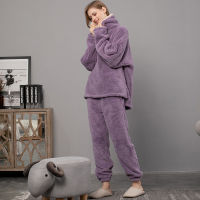 ATUENDO Winter Warm Velvet Purple Pajama Set for Women 100 Flannel Atoff Home Satin Sleepwear Fashion Plush Silk Soft Nightwear