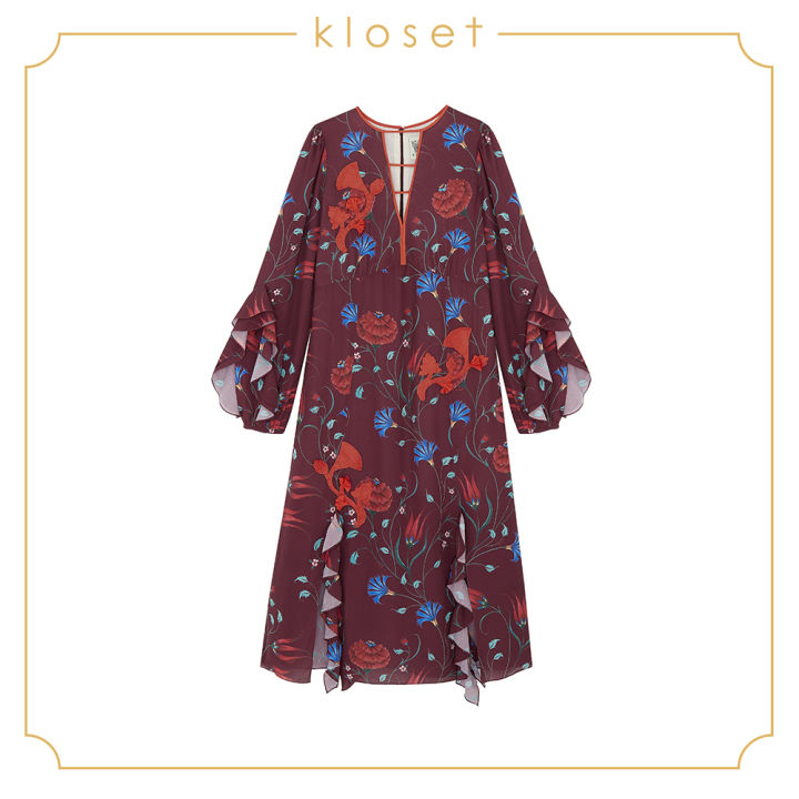 kloset-printed-midi-dress-aw18-d014-เสื้อผ้าแฟชั่น-เสื้อผ้าผู้หญิง-เดรสแฟชั่น-เดรสผ้าพิมพ์