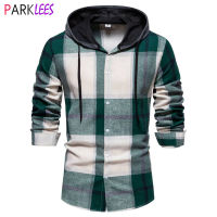 Mens Green Plaid Hoodie Flannel เสื้อแจ็คเก็ตแขนยาวน้ำหนักเบาปกติ Fit Hooded เสื้อ Hip Hop Streetwear Chemise Homme