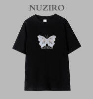 NUZIRO เสื้อยืดแขนสั้นสำหรับผู้หญิงพิมพ์ลายผีเสื้อแบบเกาหลี