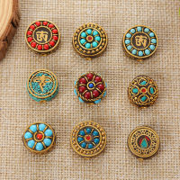 Nepalese Buddhist Handmade Flat Round 20mm-22mm Tibetan Brass Metal &amp; Clay Loose Craft Beads for Jewelry Making DIY Necklace