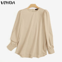 VONDA ผู้หญิงแขนยาวคอลูกเรือเสื้อเสื้อยืดสบายๆสีทึบจีบท็อปส์ (เกาหลีสาเหตุ) [โปรโมชั่นขาย] #2