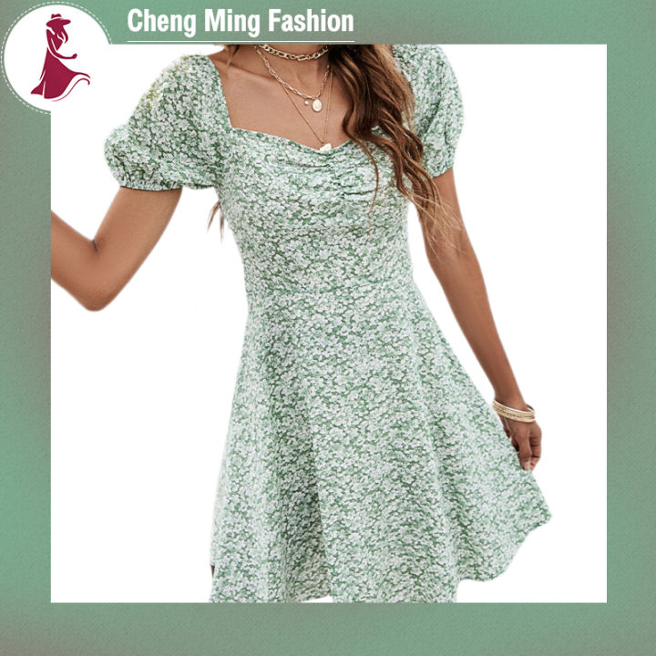 cheng-ming-ชุดเดรส-lengan-pendek-musim-panas-สำหรับผู้หญิง-ชุดเดรสแขนกระโปรงทรงเอพิมพ์ลายดอกไม้สไตล์โบฮีเมียนชุดเดรสลำลองสำหรับชายหาด