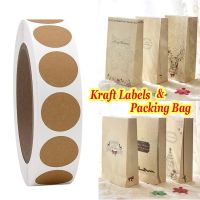 5pcs Christmas Gift Bags 1 Roll 500 Labels Merry Christmas Kraft Paper Candy Bag Party Supplies Bread Seen Snack Baking Bag