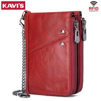 ✚▦✎ 100 Genuine Leather Women Wallet Business Purse Large Capacity Clutch Bag RFID Blocking ID Card Holder With Anti-theft Chain