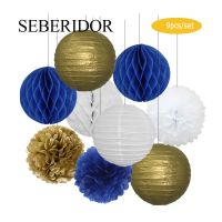 [Ricky Lighting] Kids Boy 1st Birthday Party Favor Gold Navy Blue Set Hanging Round Paper Lantern 6 Quot; 8 Quot; 10 Quot; 12 Quot; Baptism Wedding Holiday Decor