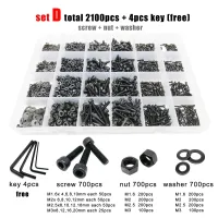 400/2100pc M1.6 M2 M2.5 M3 M4 M5 Black Grade 12.9 Steel Hexagon Hex Socket Cap Head Screw Bolt Nut Washer Set Assortment Kit Box