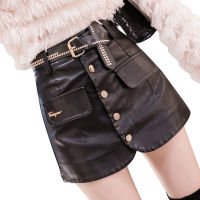 Belt ShortsSkirts PU Leather Women High Waist Beading Skirt Short Female Plus Size Girls Short Black Skirt Short Single Breasted