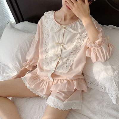 Womens Lolita Princess Lace Pajama Sets Cotton Tops+Shorts Vintage Ladies Girls Lace Pyjamas