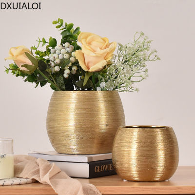 DXUIALOI Simple and Creative Gold-plated Ceramic Brushed Vase Living Room Desktop Succulent Round Flower Pot Home Decoration