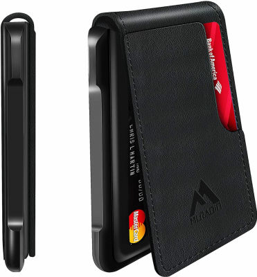 MURADIN Mens Wallet Tactical Bifold Wallets for Men Metal RFID Blocking Aluminum Money Cards Holder Gifts for Men (Leather, Black T) Leather Black T