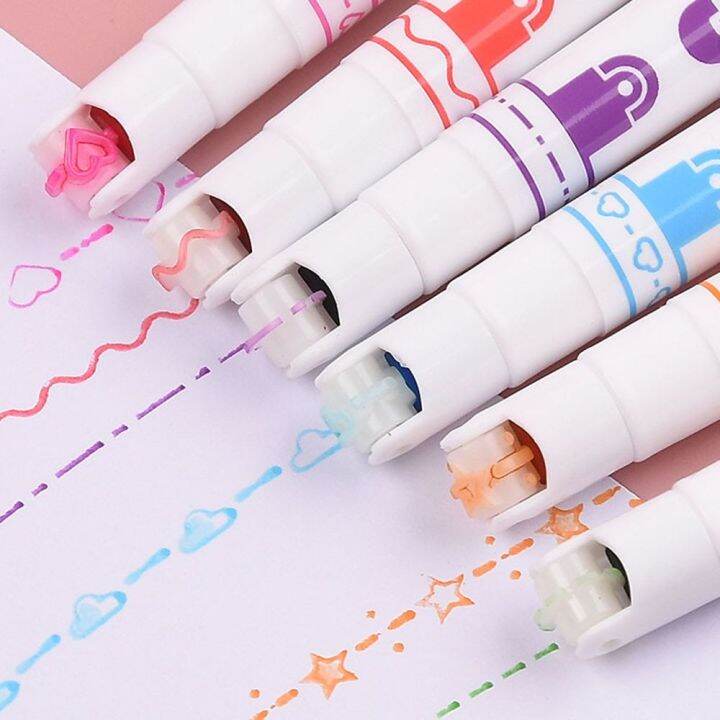 3-6pcs-line-shaped-highlighter-ปากกาที่มีสีสัน-roller-tip-curve-liner-marker-ความแปลกใหม่เครื่องเขียนโรงเรียน-graffiti-art-ปากกา-yrrey