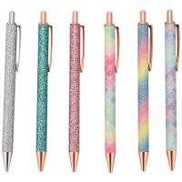 6 PCS Glitter Ballpoint Pens Rose Gold Click Ballpoint Pen Metal Glitter Pen Retractable Black Ink Medium Point Pens