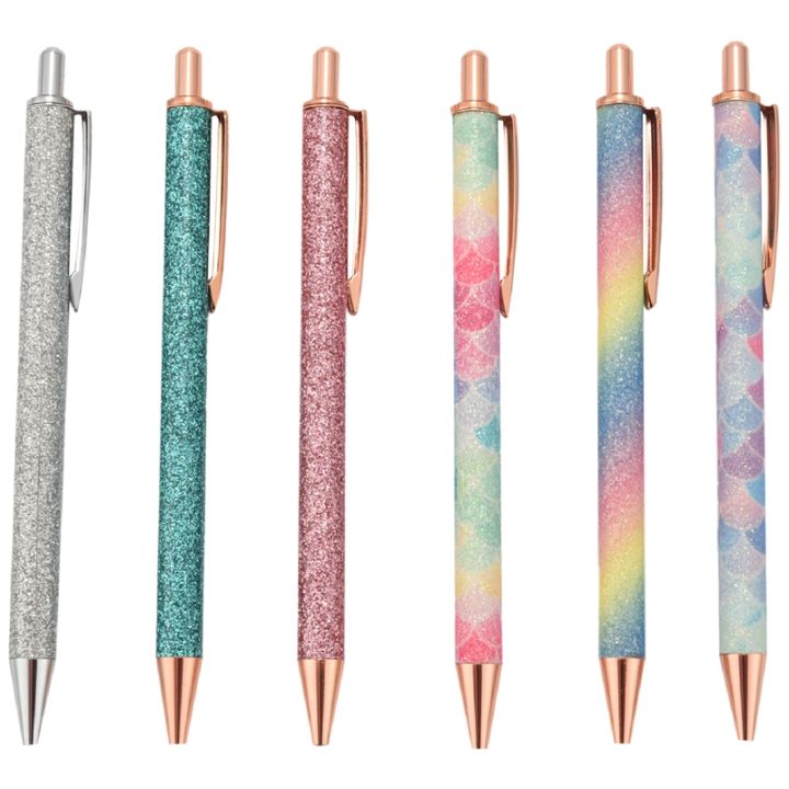 6-pcs-glitter-ballpoint-pens-rose-gold-click-ballpoint-pen-metal-glitter-pen-retractable-black-ink-medium-point-pens