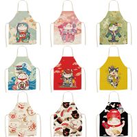 Lucky Cat Apron Kitchen Aprons for Women Cotton Linen Bibs Household Cleaning Pinafore Home Cooking Apron