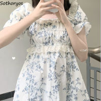 Short Puff Sleeve Dress Women Lace Patchwork Square Collar Elegant A-line Chic Females Mini Dresses Preppy Style Slim Ins