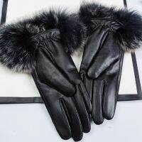 คุณภาพสูงผู้หญิงถุงมือหนังหนังแกะฤดูหนาว Warm Plus กำมะหยี่หนา Cuffs Big Fox Fur Fur ถุงมือ Touch Screen ถุงมือ