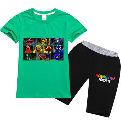 เสื้อยืดเด็กหญิงเด็กชายผ้าฝ้ายลาย Rainbow Friends สำหรับฤดูใบไม้ร่วงและฤดูร้อนชุดเสื้อผ้ากางเกงขาสั้นสำหรับเด็ก0000แขนสั้นลายการ์ตูนสำหรับทุกเพศ