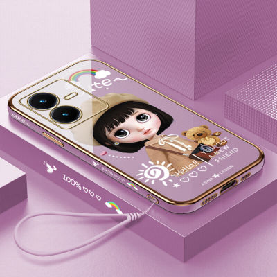 (คลังสินค้าพร้อม) เคสเคสมือถือสำหรับ Y22S Vivo พร้อมฟรีสายคล้อง + การ์ตูนสาวน่ารักขอบสี่เหลี่ยมชุบเคลือบฝาหลังนิ่ม