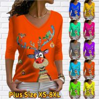 【cw】 Women 39;s TTee Patchwork ReindeerPatterned ChristmasSparkly Painting SweatshirtSleeve V Neck XS 8XL 【hot】