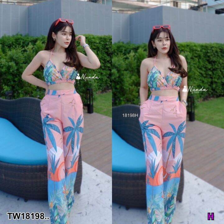 tw18198-set-2-ชิ้น-เสื้อสายผูกไหล่-พิมพ์ลาย-กางเกงขายาว