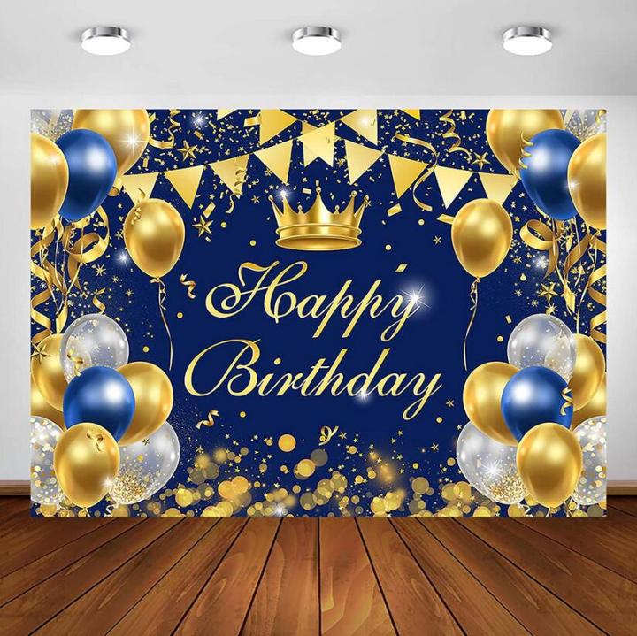 Navy Blue and Gold Happy Birthday Backdrop for Boy Men Prince Royal