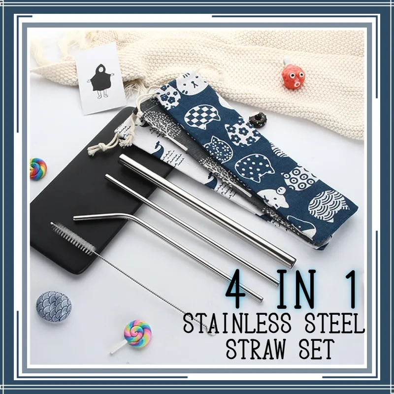 Metal Straw - Straw set - Stainless Steel Straw - 4 in 1 Straw with Pouch -  SSP01 - Eco Basis Marketing Sdn Bhd