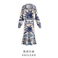 KASLEAD new womens European and American wind pattern long sleeve tops of tall waist leaves long skirts fashion ❤