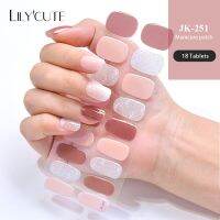 LILYCUTE สติกเกอร์แผ่นติดเล็บเจลเคลือบกลิตเตอร์สีนู้ดกึ่งหายขาด18แผ่นสีเจลทาเล็บตกแต่งพันเล็บคลุมทั้งหมด