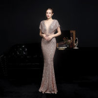 EHN Sequined Long Evening Gown Elegant V-Neck Women Evening Dress for Banquet Prom Party Annual Meeting 18611